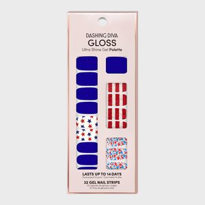 Nail strips arranged in packaging with blue, star, stripe, and floral patterns; labeled 