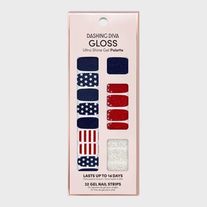 Gel nail strips arranged in patriotic patterns, displayed inside a transparent package labeled 