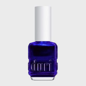 Blue nail polish bottle sits upright; brand name 