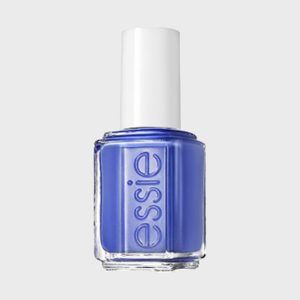 Blue nail polish bottle stands upright against a plain white background. The word 