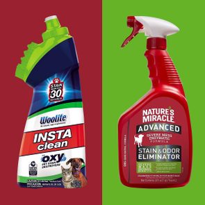 Two cleaning spray bottles stand upright; one branded 