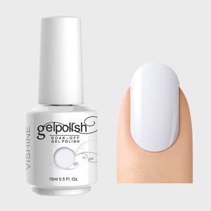 Nail polish bottle sits beside a swatch on a fingertip in a neutral setting. Text reads: 
