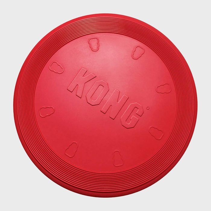 A red frisbee embossed with 