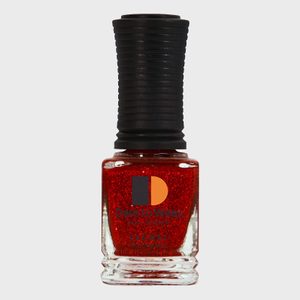 Red glitter nail polish bottle stands upright, featuring a black cap and branded text, against a plain white background.