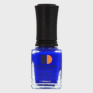 Bottle containing blue nail polish stands upright; labeled â€œDare to Wear,â€ â€œLECHAT,â€ and â€œNail Lacquerâ€ with a ribbed black cap, on a gray background.