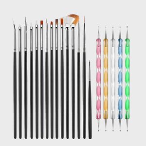 Various nail art brushes and dotting tools are aligned on a plain surface, featuring black handles and colorful, twisted designs in a neutral context.