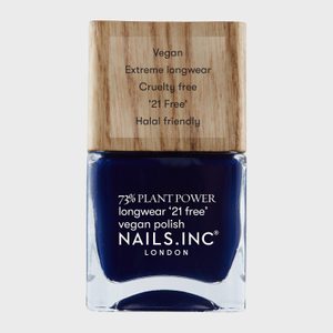 Nail polish bottle displaying vegan, cruelty-free attributes, labeled 