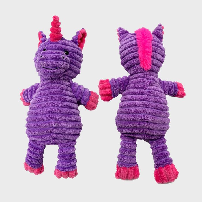 Purple plush unicorn toy stands upright, displaying front and back views. It features striped design, pink accents, and a cheerful face against a plain background.