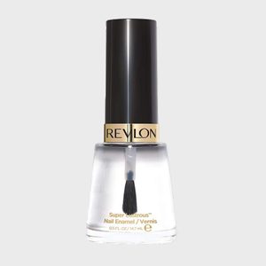 Clear nail polish bottle, standing upright, with a black cap bearing 