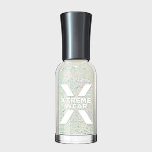 A nail polish bottle displays text: â€œSally Hansen Xtreme Wear.â€ The bottle contains a sparkly, iridescent liquid. It is set against a plain background.