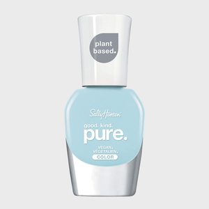 A light blue nail polish bottle displays text: 