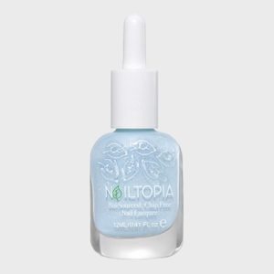 A light blue nail polish bottle with a dropper, sitting against a plain background. Text: 