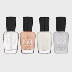 Four nail polish bottles are aligned, each labeled 