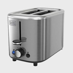 Stainless steel toaster resting idle, features two slots, side lever, and browning control knob, placed on a neutral background. 