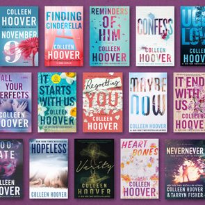 Book covers displayed, featuring various Colleen Hoover novels, arranged in a grid on a purple background. Titles include 