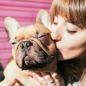 Dog receiving a kiss from a person, eyes closed, against a magenta, striped background.