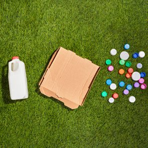 Plastic jug, flattened cardboard box, and scattered colorful bottle caps resting on vibrant green grass.