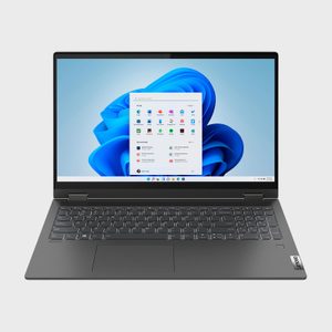Laptop displaying a Windows start menu on screen; set in a minimalist, light gray background.