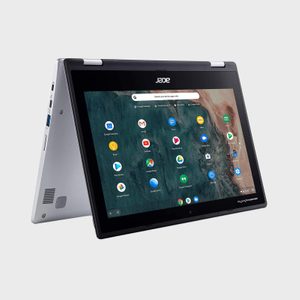 Laptop in tent mode displays home screen with app icons; open, slender context on a plain background.