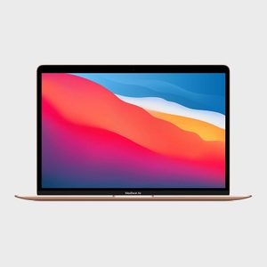 Laptop displays vibrant abstract wallpaper, showing waves of red, orange, and blue, against a light gray background. Marked 