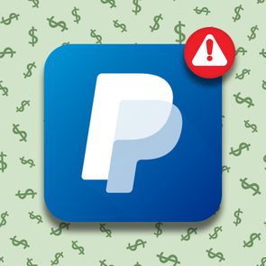 PayPal logo with an alert icon against a background of green dollar signs on a light green backdrop.