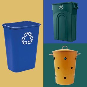 Three bins displayed: blue recycling bin with recycling symbol, green bin with recycling symbol, yellow bin with lid and black dots, colorful background.