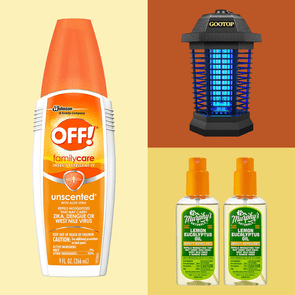 Mosquito repellents on display include OFF! spray, GOOTOP bug zapper, and Murphy's Naturals lemon eucalyptus oil bottles against a colorful background.