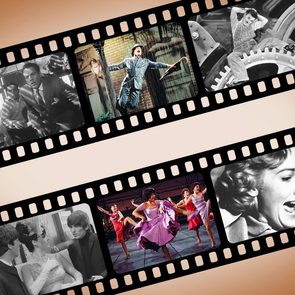 Film strips display classic movie scenes; characters sing, dance, marvel, or express intense emotion; juxtaposed against a sepia-toned background.