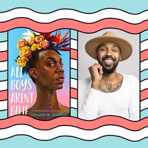 Book cover features a person adorned with flowers; beside, a smiling person poses against a plain background. Wavy pastel stripes border both images.