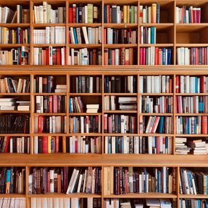 Books fill wooden shelves, organized and stacked, creating a colorful, orderly library scene.