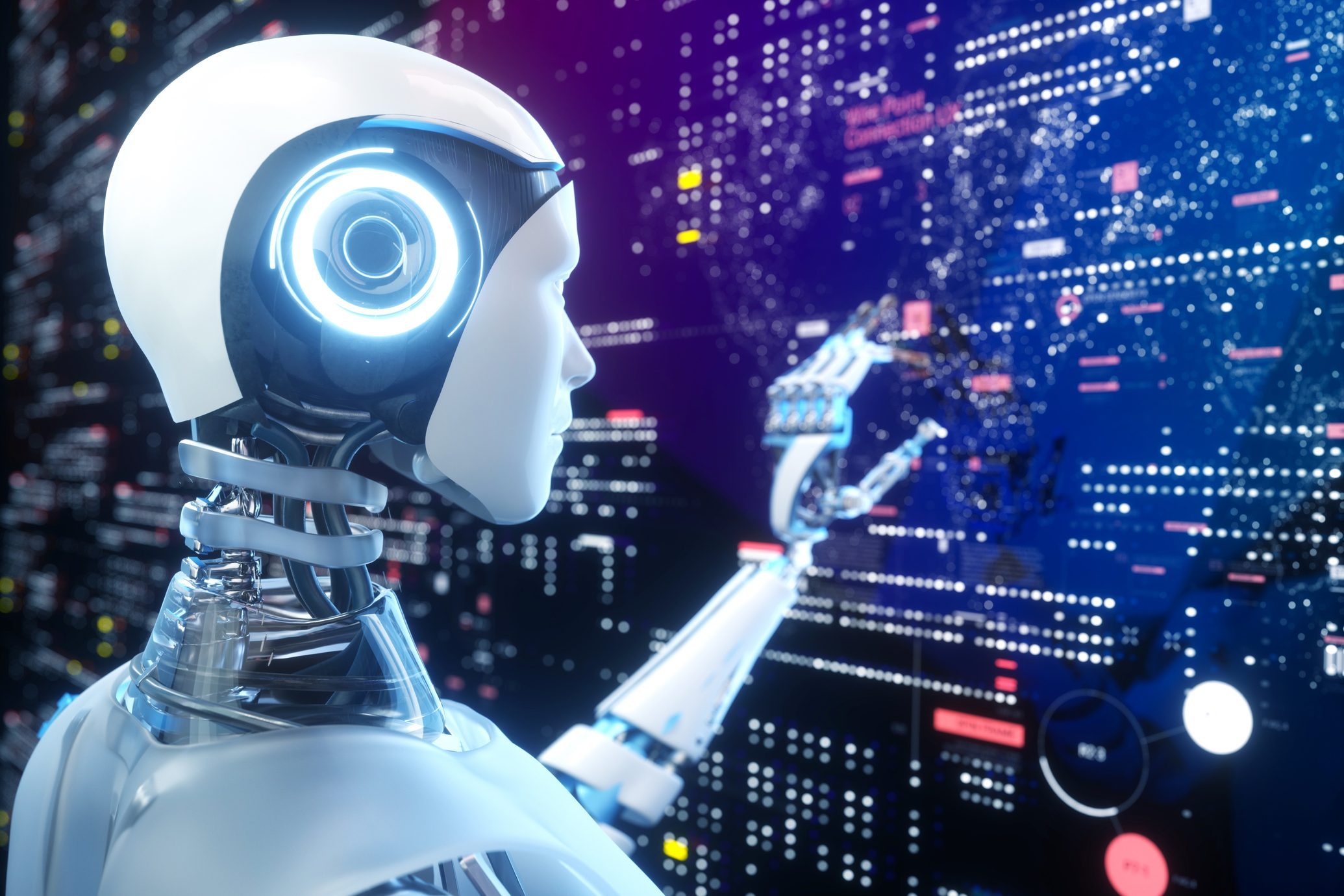 Digital generated image of artificial intelligence robot touching projected screens with data against black background