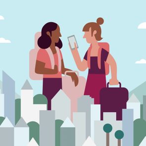 Two illustrated people converse; one holds a phone, the other carries luggage, amidst a background of stylized city buildings and mountains.