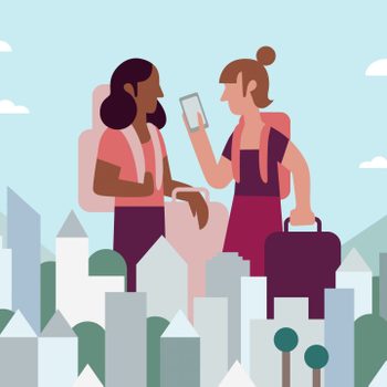 Two illustrated people converse; one holds a phone, the other carries luggage, amidst a background of stylized city buildings and mountains.