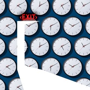 Clocks cover a wall. One clock-shaped doorway shows an illuminated 