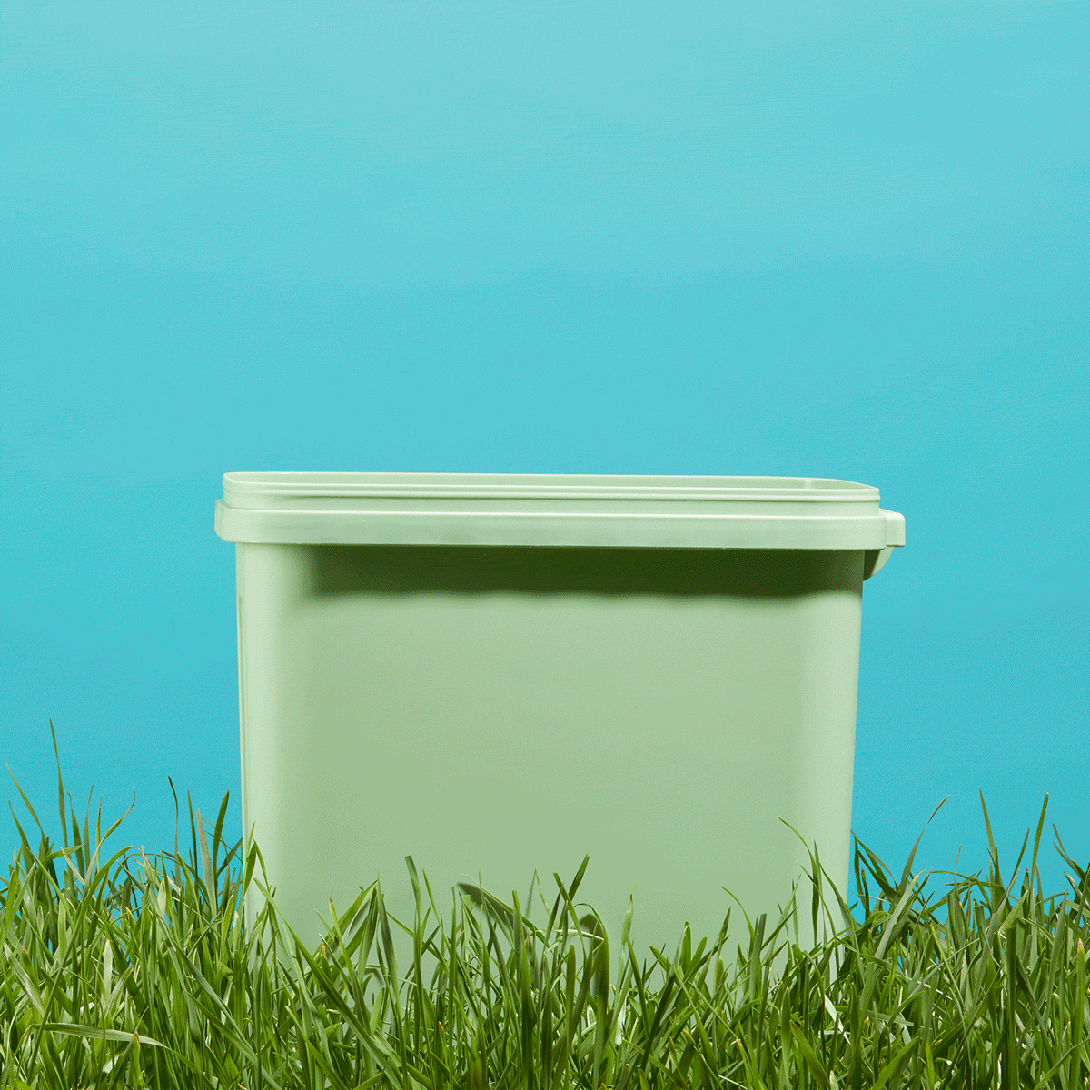 Green container closed atop grass against a blue background.