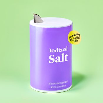 Salt container sits with an open spout, labeled "Iodized Salt," on a green background. A yellow sticker reads "Expiration years?"