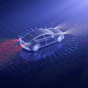 A digital car emits colorful data streams, navigating through a grid-like environment, suggesting advanced technology and movement analysis.
