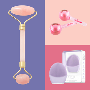 Pink face roller displayed vertically on purple and pink background alongside two beauty tools labeled 