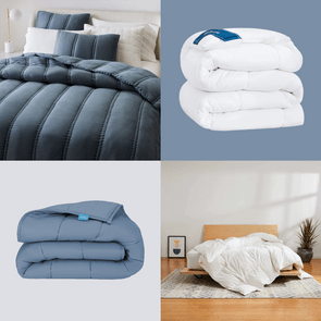 Comforters displayed; one draped on a bed, two folded, and one crumpled on a bed in a sunlit room with wooden floors.