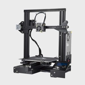 3D printer builds objects, situated on a flat platform. The control panel displays settings, surrounded by a metal frame with wires and components.