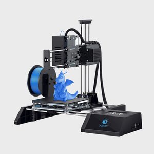 3D printer creating blue dragon figurine, positioned on a sturdy, open-frame platform. Text on the base reads 