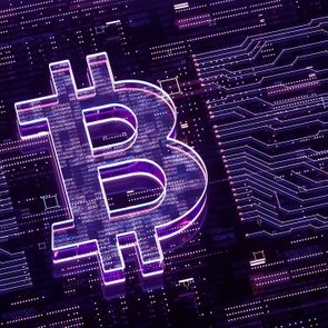 Bitcoin symbol glows with neon purple light, surrounded by digital code and circuit lines, creating a futuristic technological atmosphere.