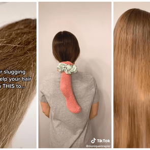 Text asks if hair slugging transforms frizzy to smooth hair. Hair wrapped in a sock, then revealed silky and straight, in a gray shirt.