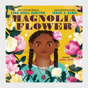 A girl with braids stands surrounded by large pink and white flowers on a yellow background. Text: 