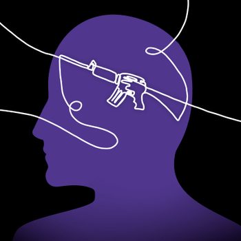 Silhouette of a head contains an outline of a rifle, formed by twisting lines, set against a black background.
