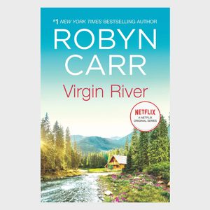 Book cover shows a river and cabin amid trees and mountains. Text: 