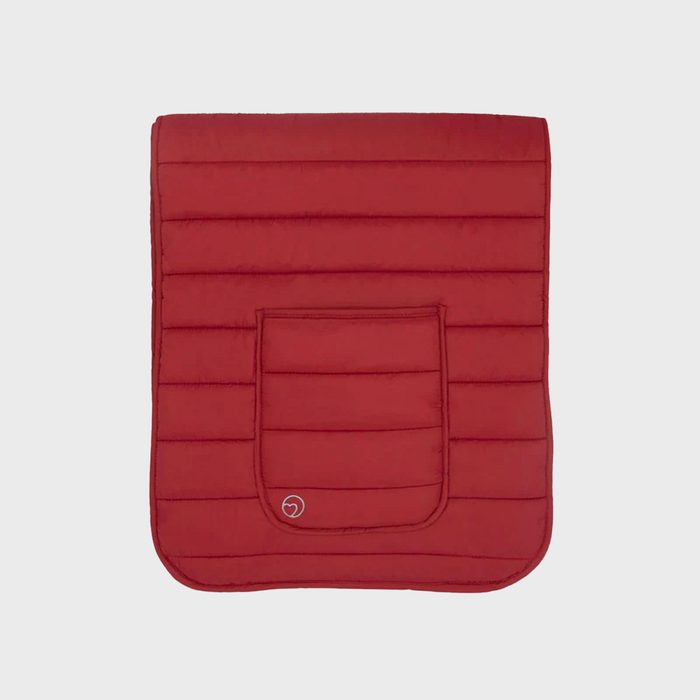 Red quilted pad with a pocket, displaying horizontal stitching, against a plain white background.