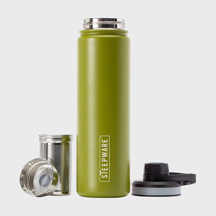 Green insulated bottle stands with lid, filter, and strainer placed alongside; set against a plain white background. Text reads 