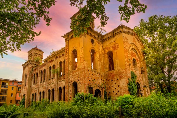 Vidin, Bulgaria ruins of Synagogue, colorful sky