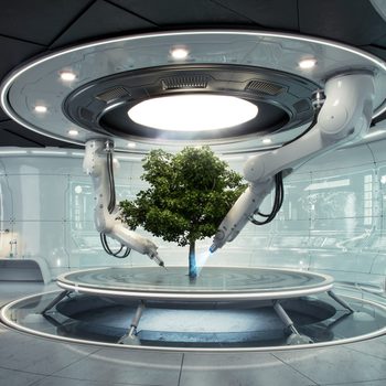 Robotic arms nurture a tree on a circular platform in a futuristic, glass-walled laboratory.